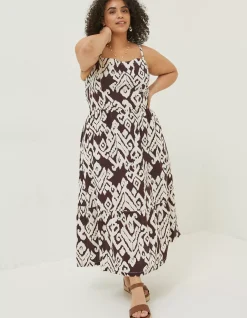 FatFace Julien Ikat Linen Midi Dress Dark Brown Discount