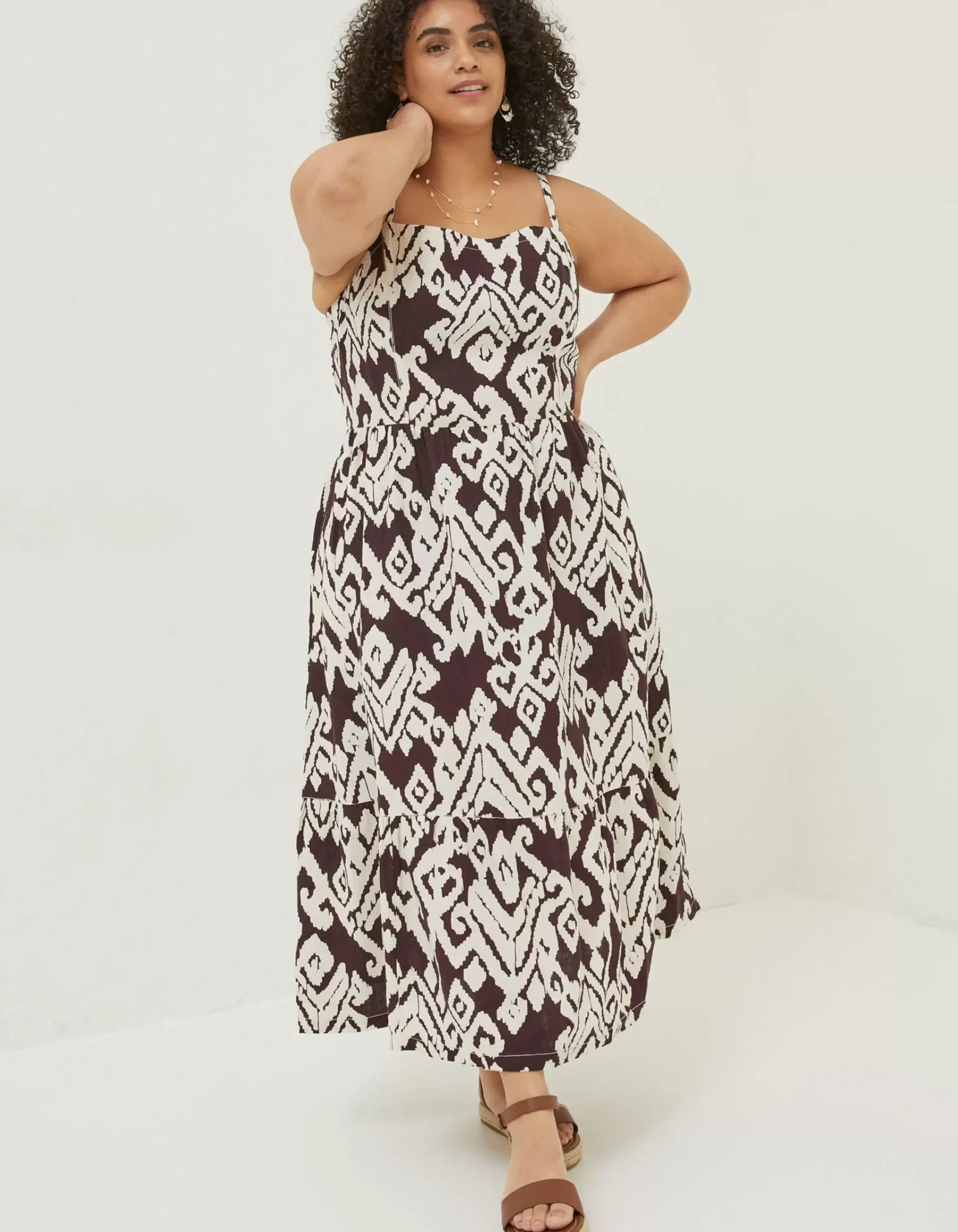 FatFace Julien Ikat Linen Midi Dress Dark Brown Discount