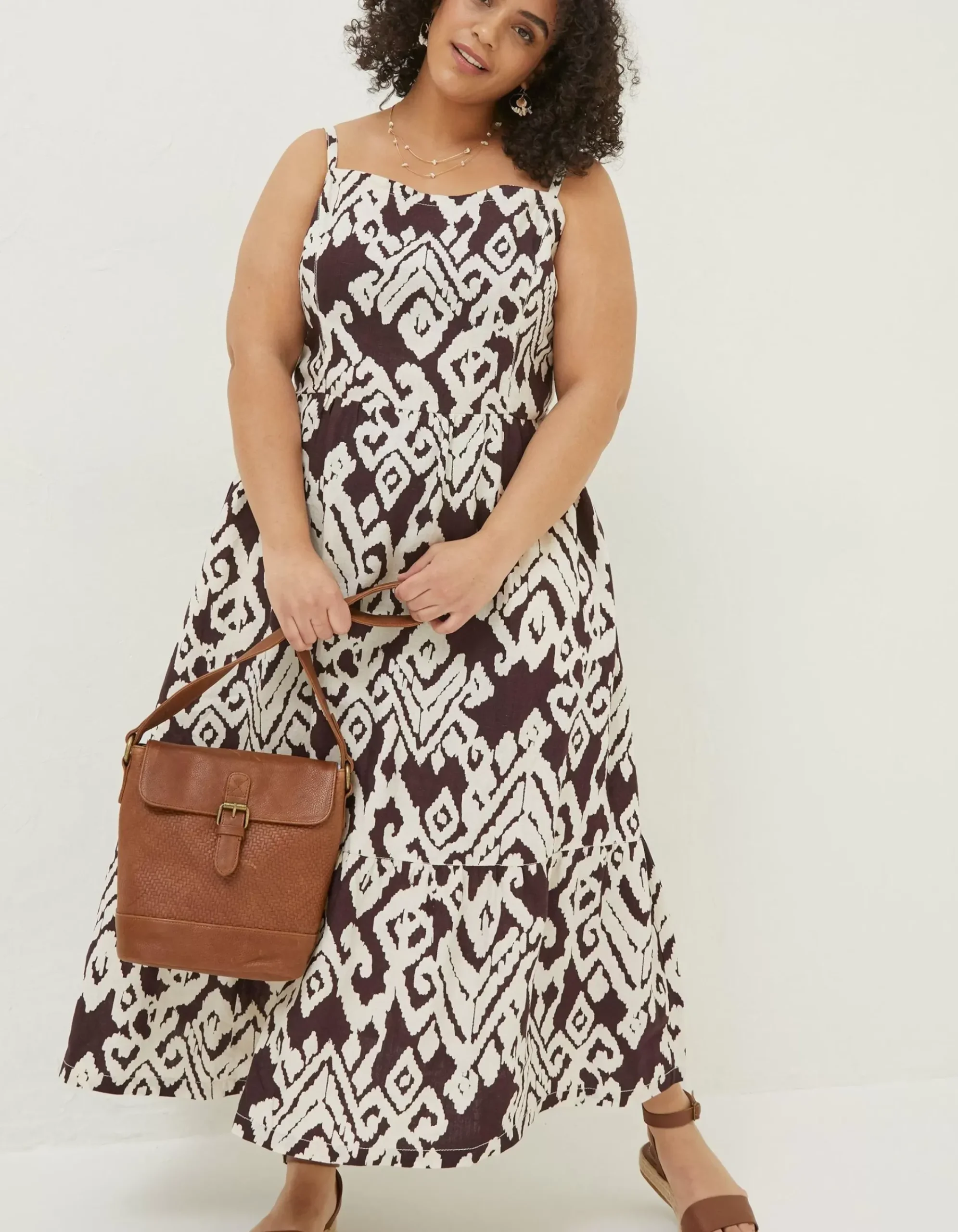 FatFace Julien Ikat Linen Midi Dress Dark Brown Discount