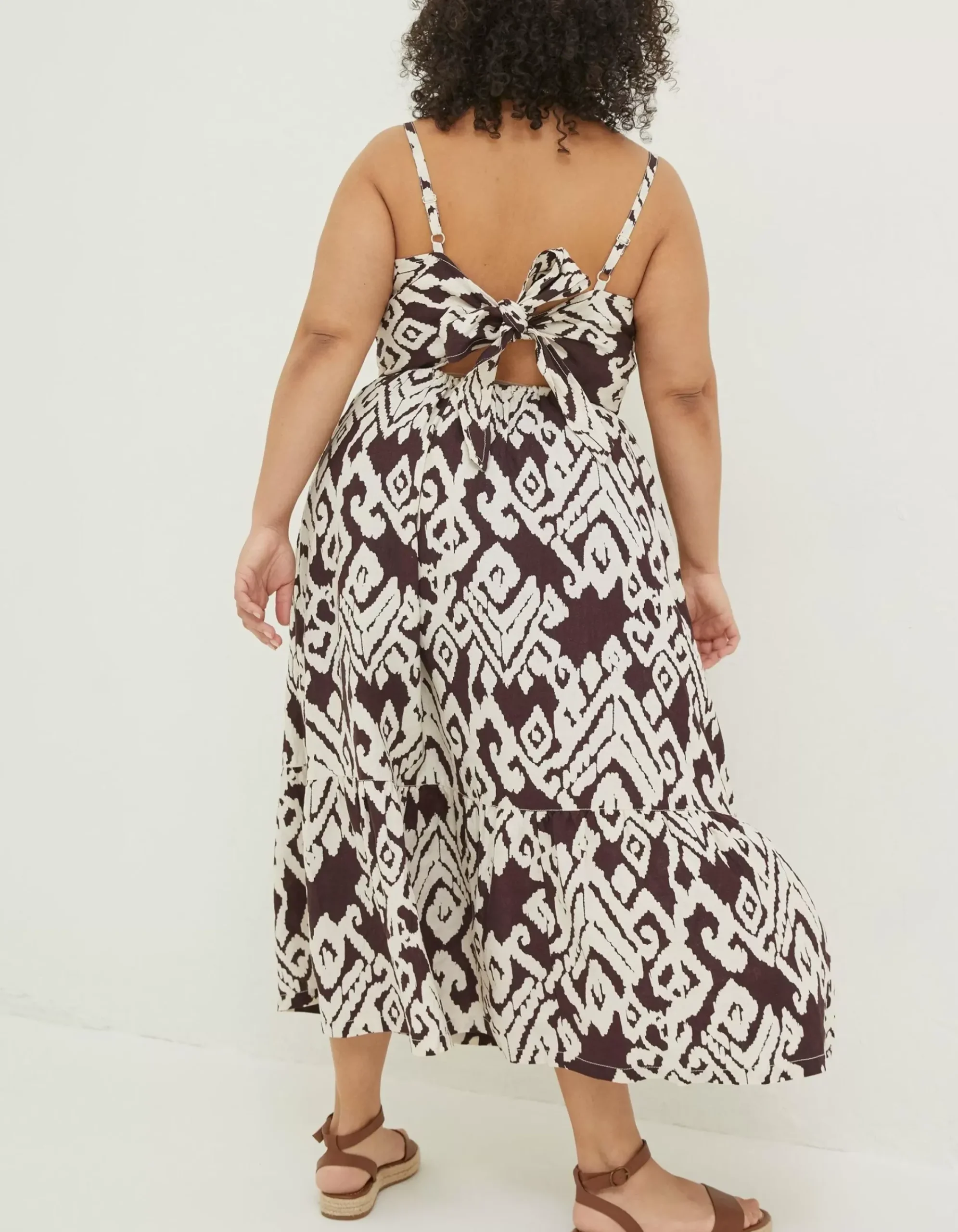 FatFace Julien Ikat Linen Midi Dress Dark Brown Discount