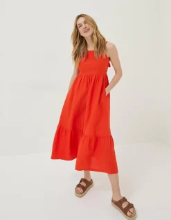 FatFace Julien Tie Back Linen Midi Dress Bright Red Hot
