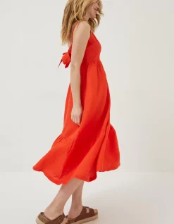 FatFace Julien Tie Back Linen Midi Dress Bright Red Hot