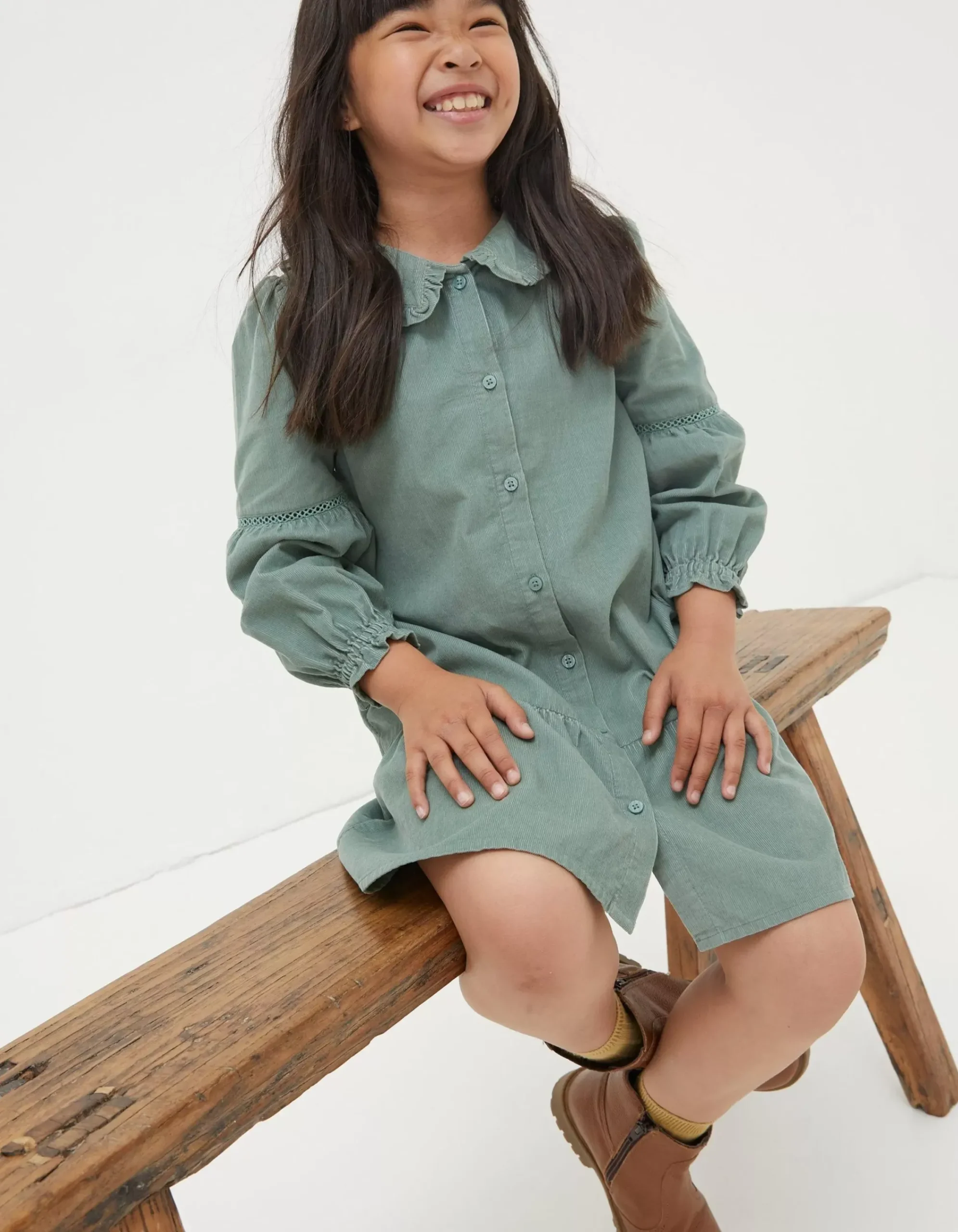 FatFace Katy Collared Cord Dress Sage Green Best