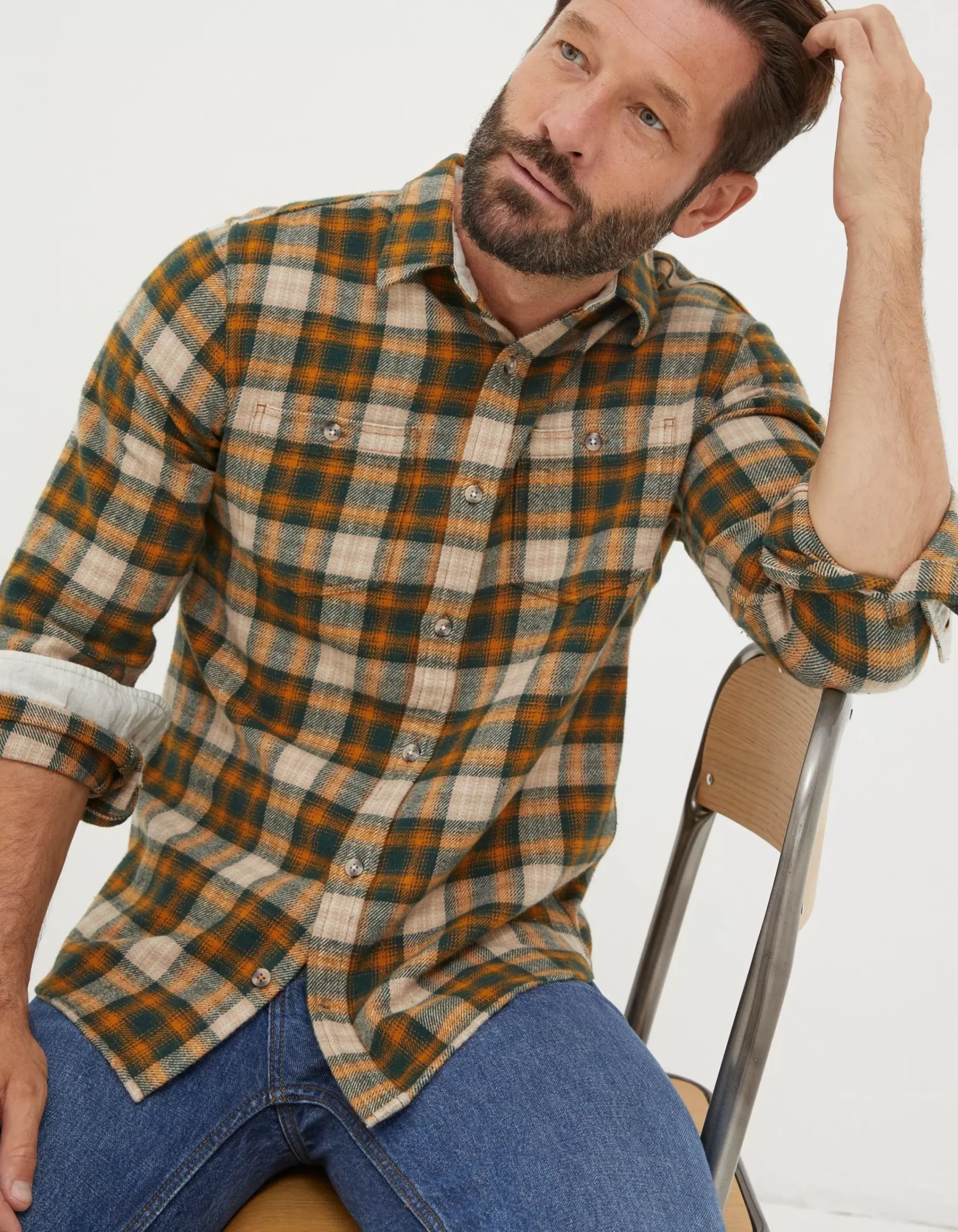 FatFace Kennedy Check Shirt Vintage Gold New