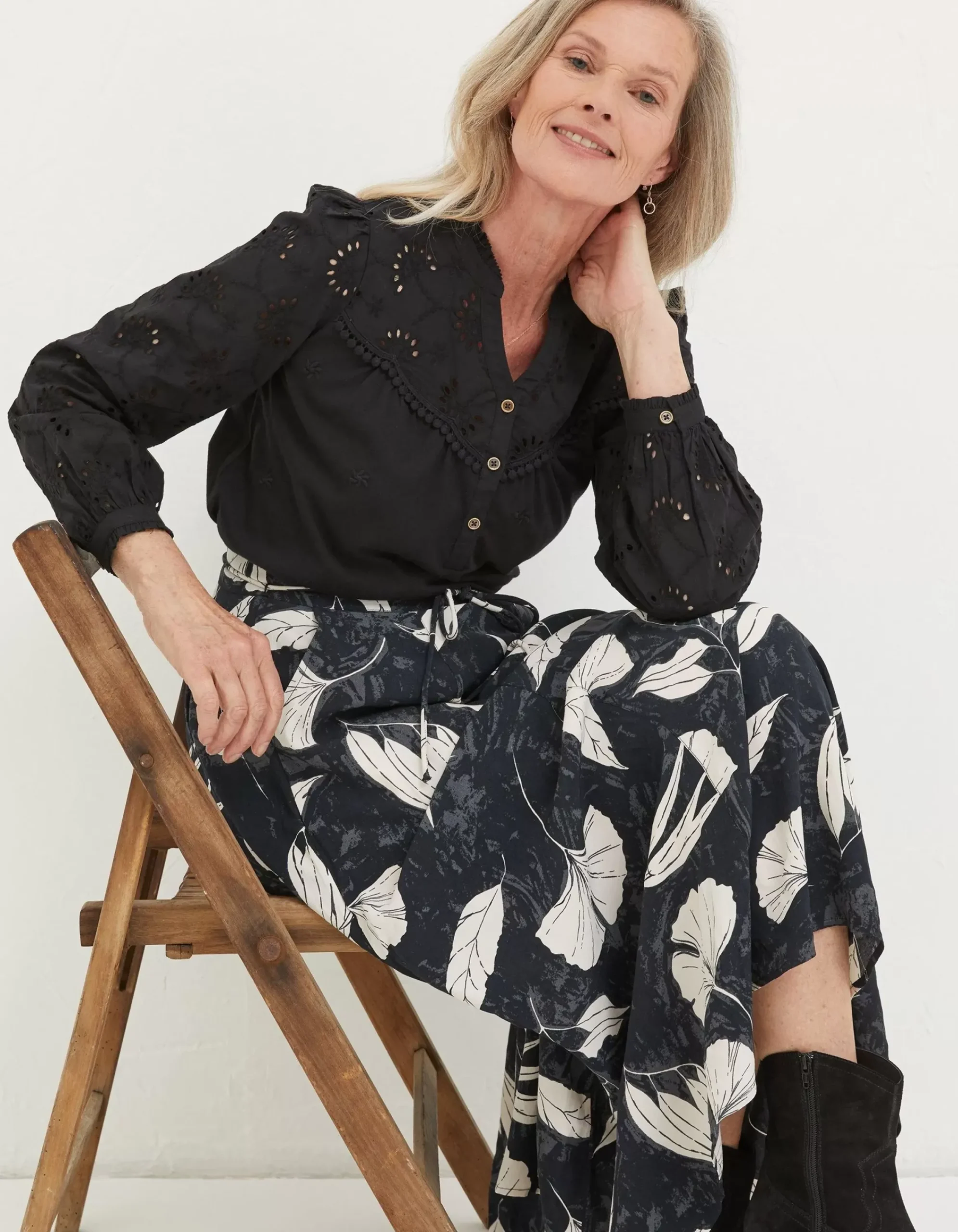 FatFace Kerry Broderie Top Black Outlet