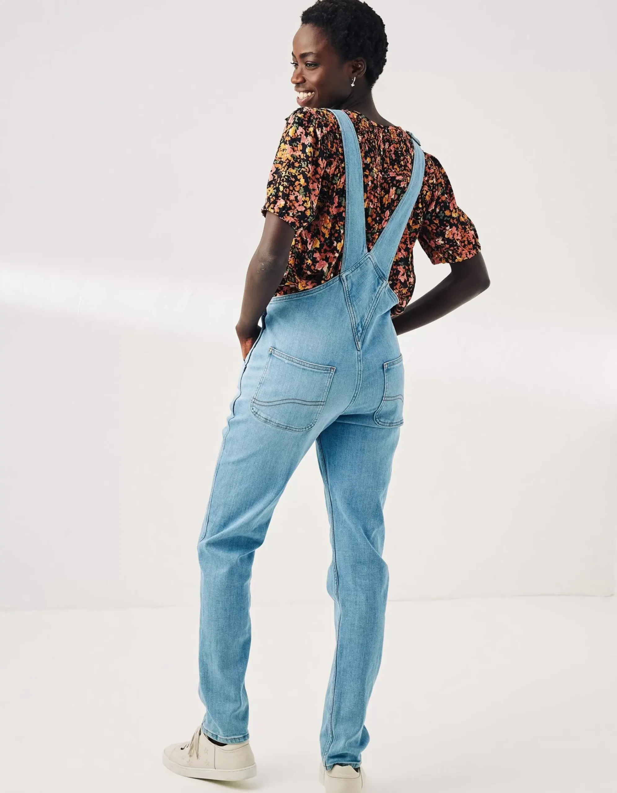 FatFace Lewes Slim Leg Denim Dungarees Vintage Pale Clearance