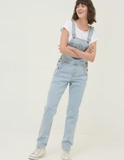 FatFace Lewes Slim Leg Denim Dungarees Light Blue New