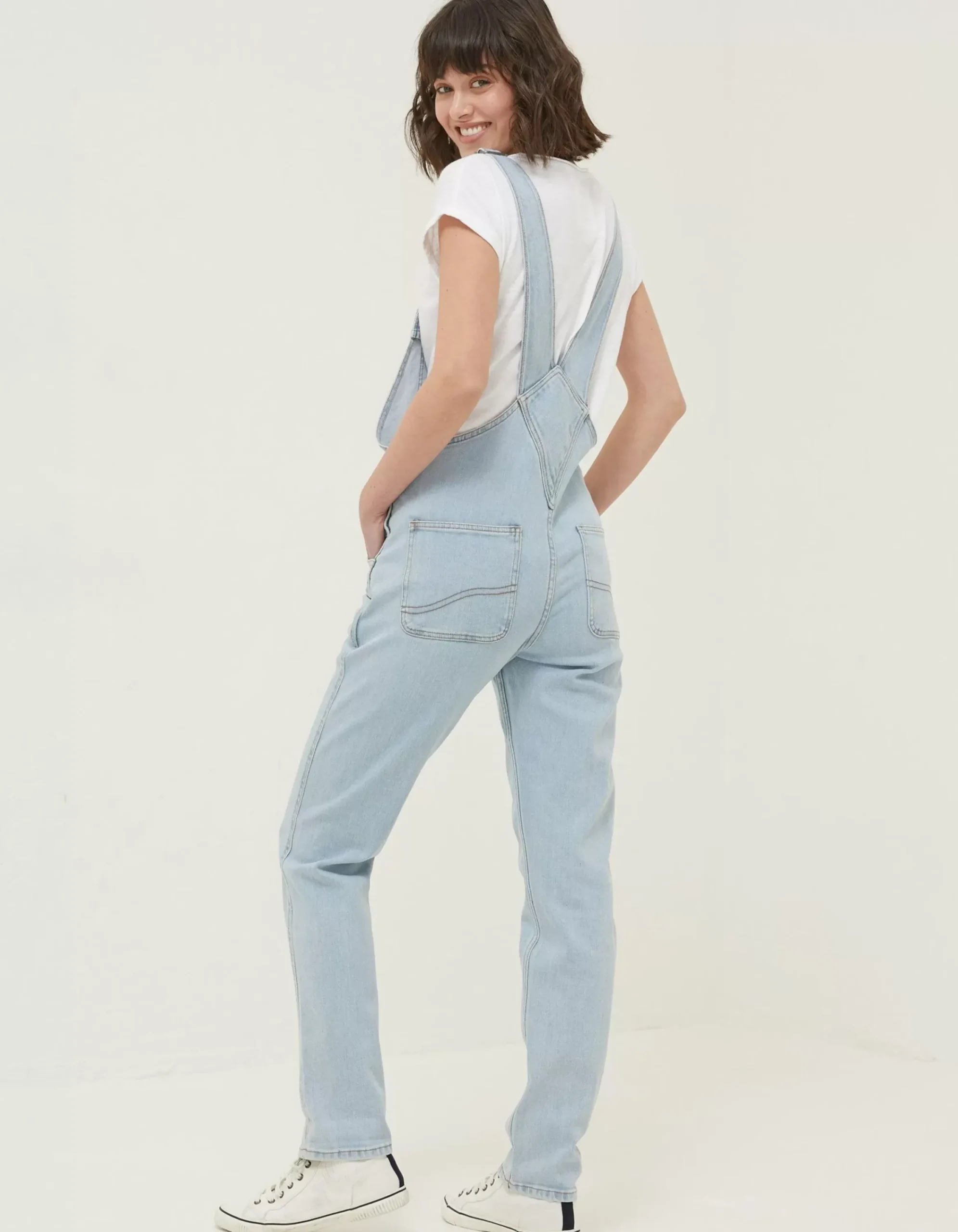 FatFace Lewes Slim Leg Denim Dungarees Light Blue New