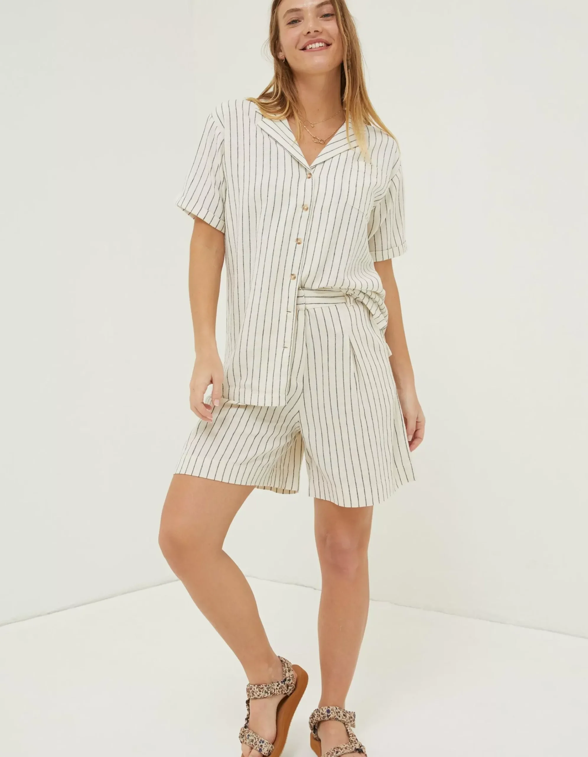 FatFace Linen Stripe Shorts Cream New