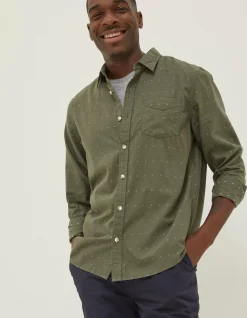 FatFace Long Sleeve Kaber Dobby Shirt Khaki Green Hot