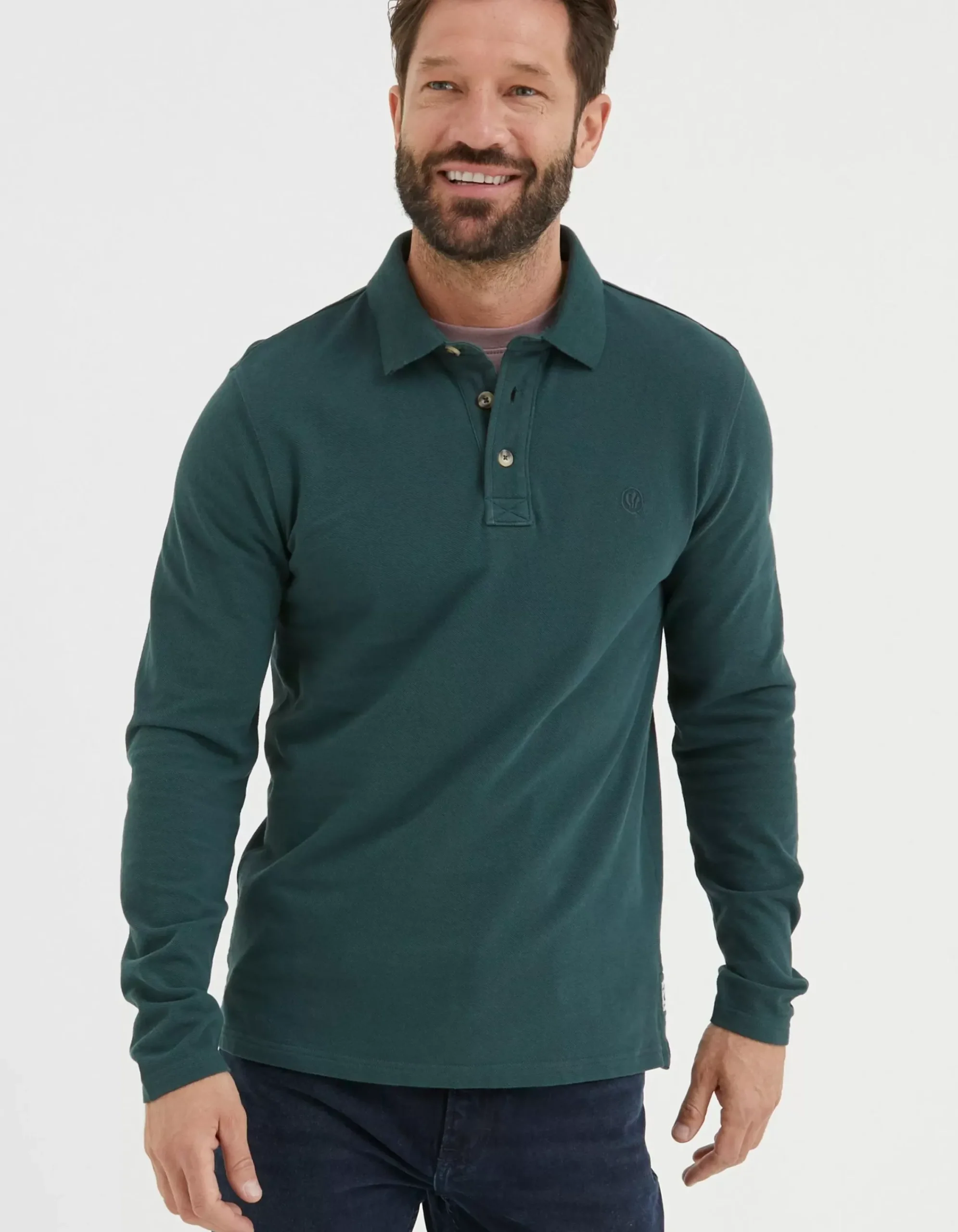 FatFace Long Sleeve Organic Pique Polo Jade Green Discount