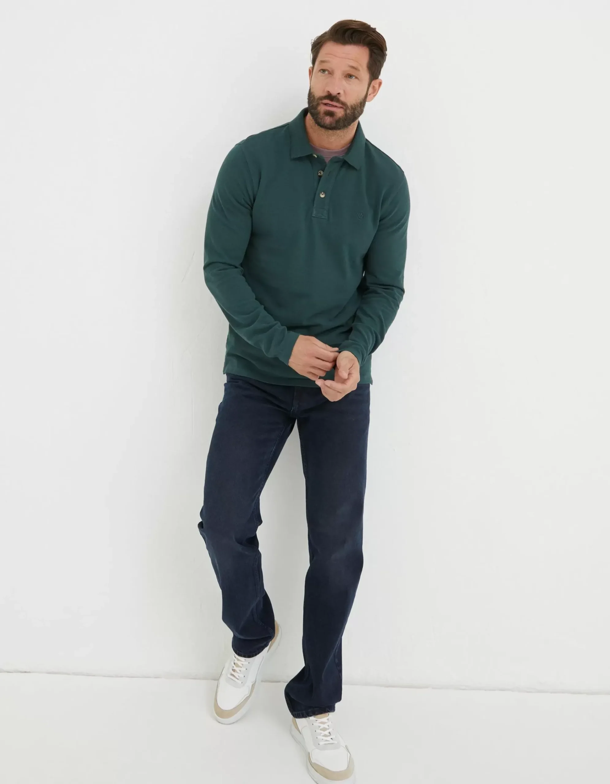FatFace Long Sleeve Organic Pique Polo Jade Green Discount