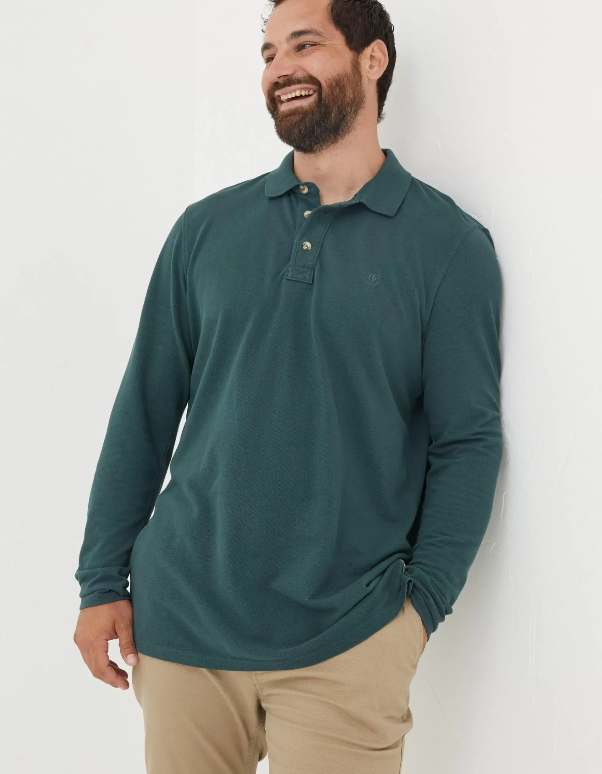FatFace Long Sleeve Organic Pique Polo Jade Green Discount