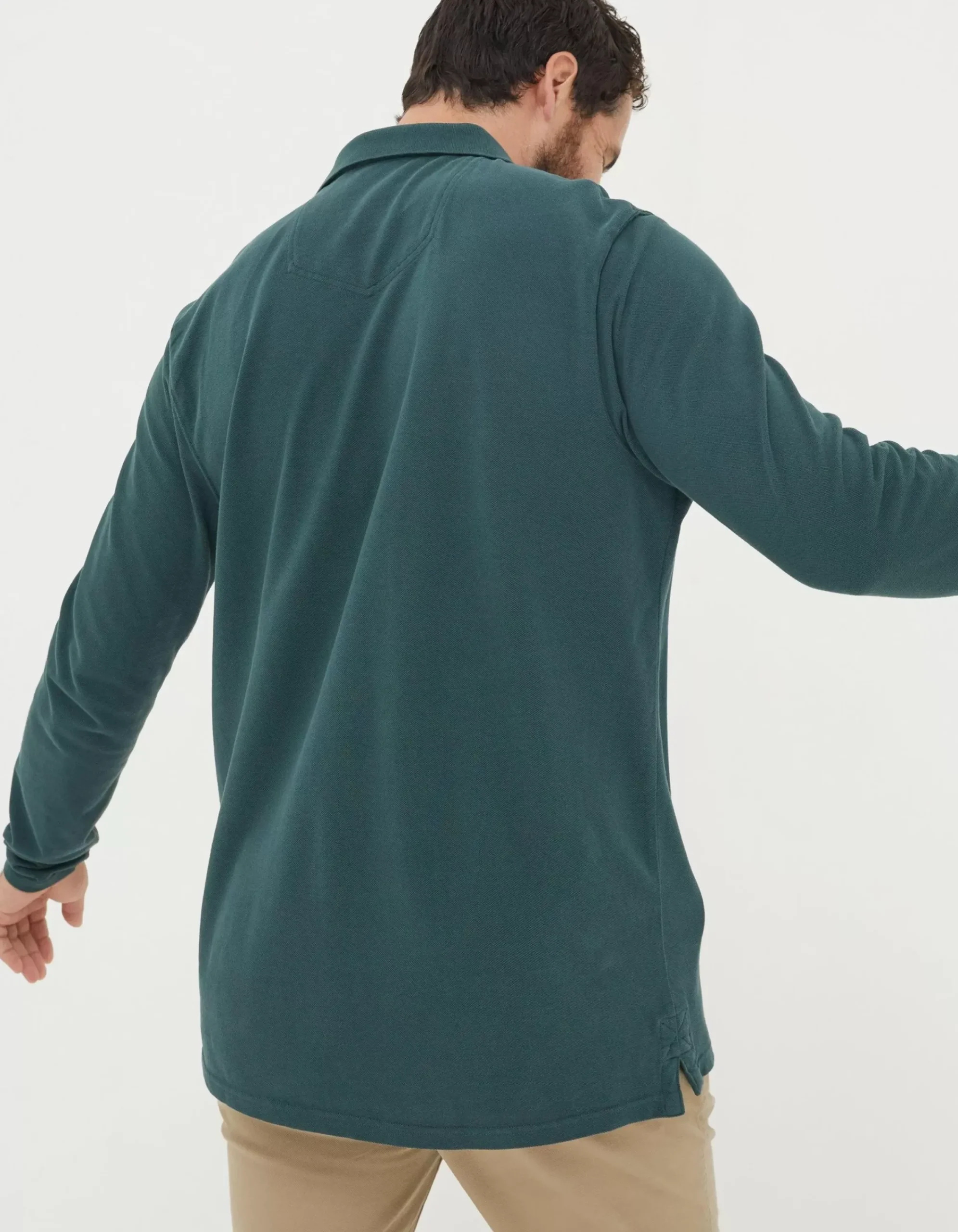FatFace Long Sleeve Organic Pique Polo Jade Green Discount