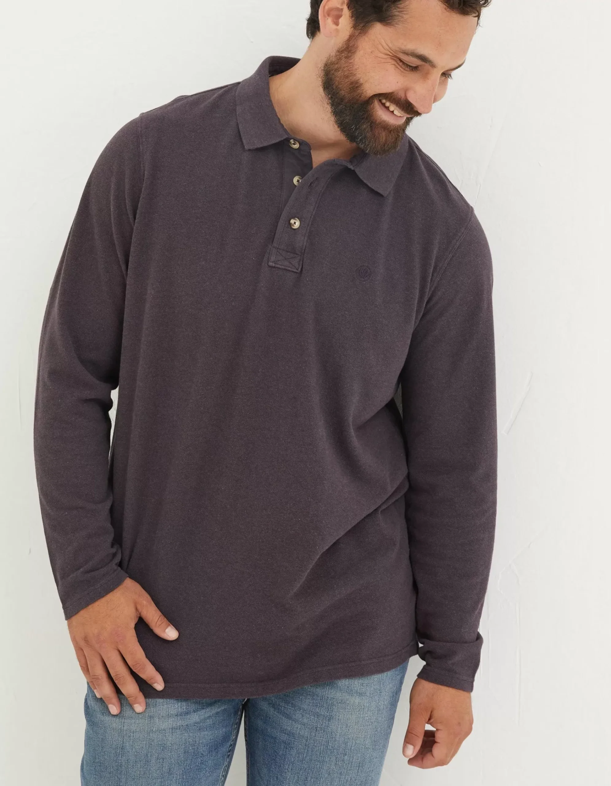 FatFace Long Sleeve Organic Pique Polo Plum