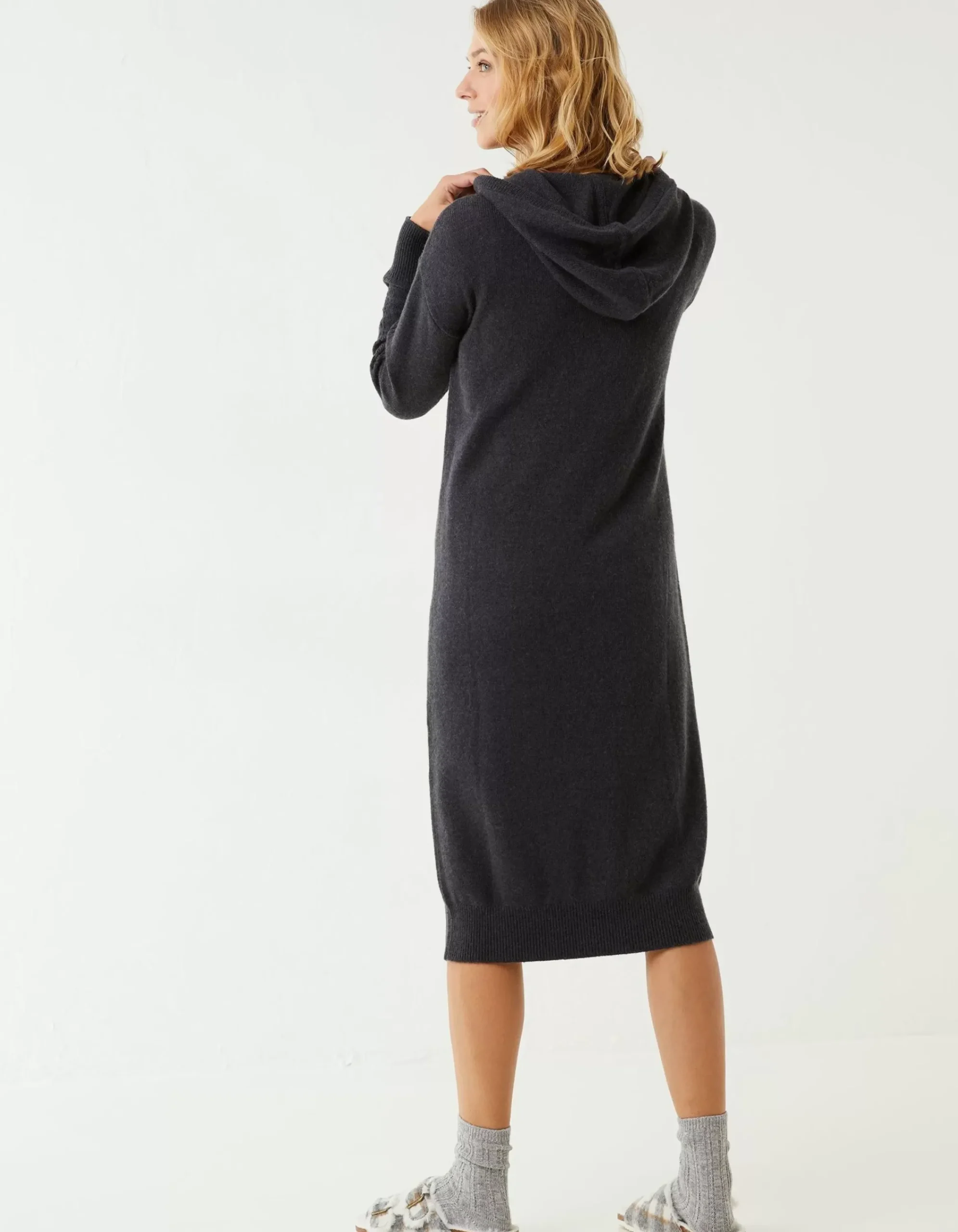 FatFace Lounge Knitted Hoodie Dress Charcoal