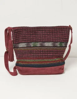 FatFace Lula Suede Woven Shoulder Bag Burgundy Clearance