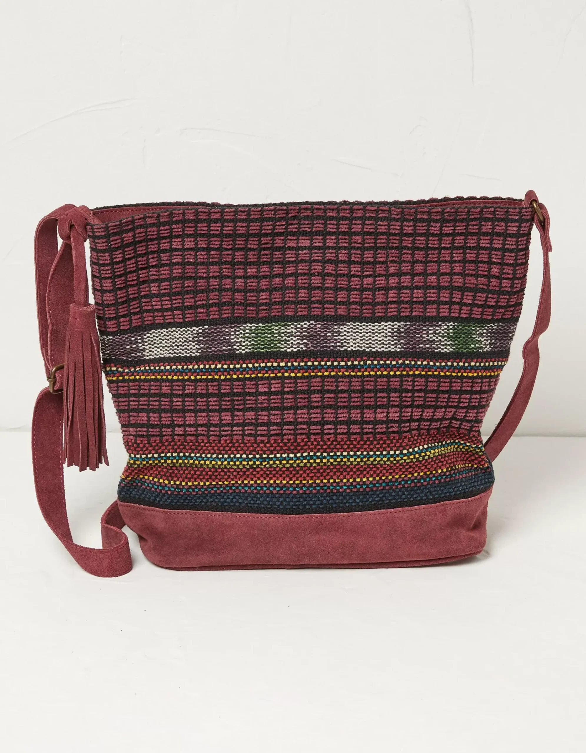 FatFace Lula Suede Woven Shoulder Bag Burgundy Clearance