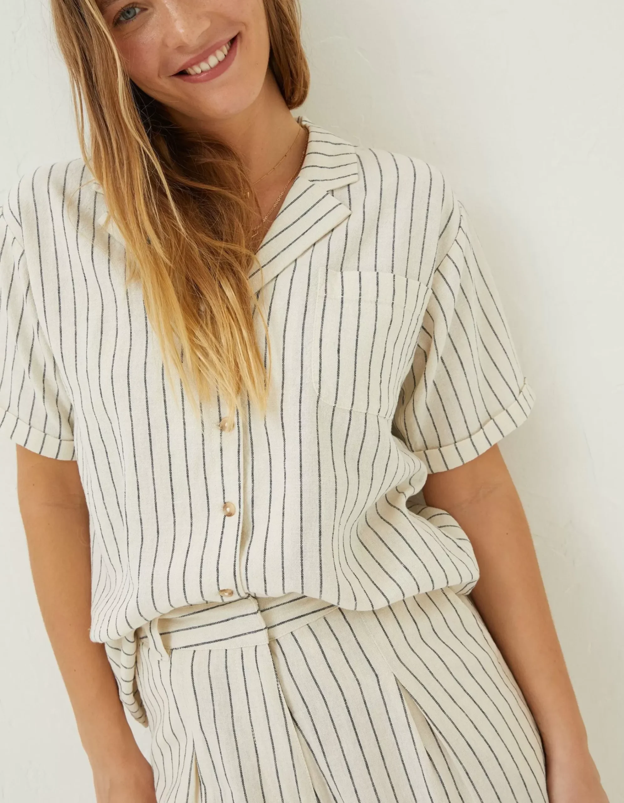 FatFace Mali Linen Blend Stripe Shirt Ivory New