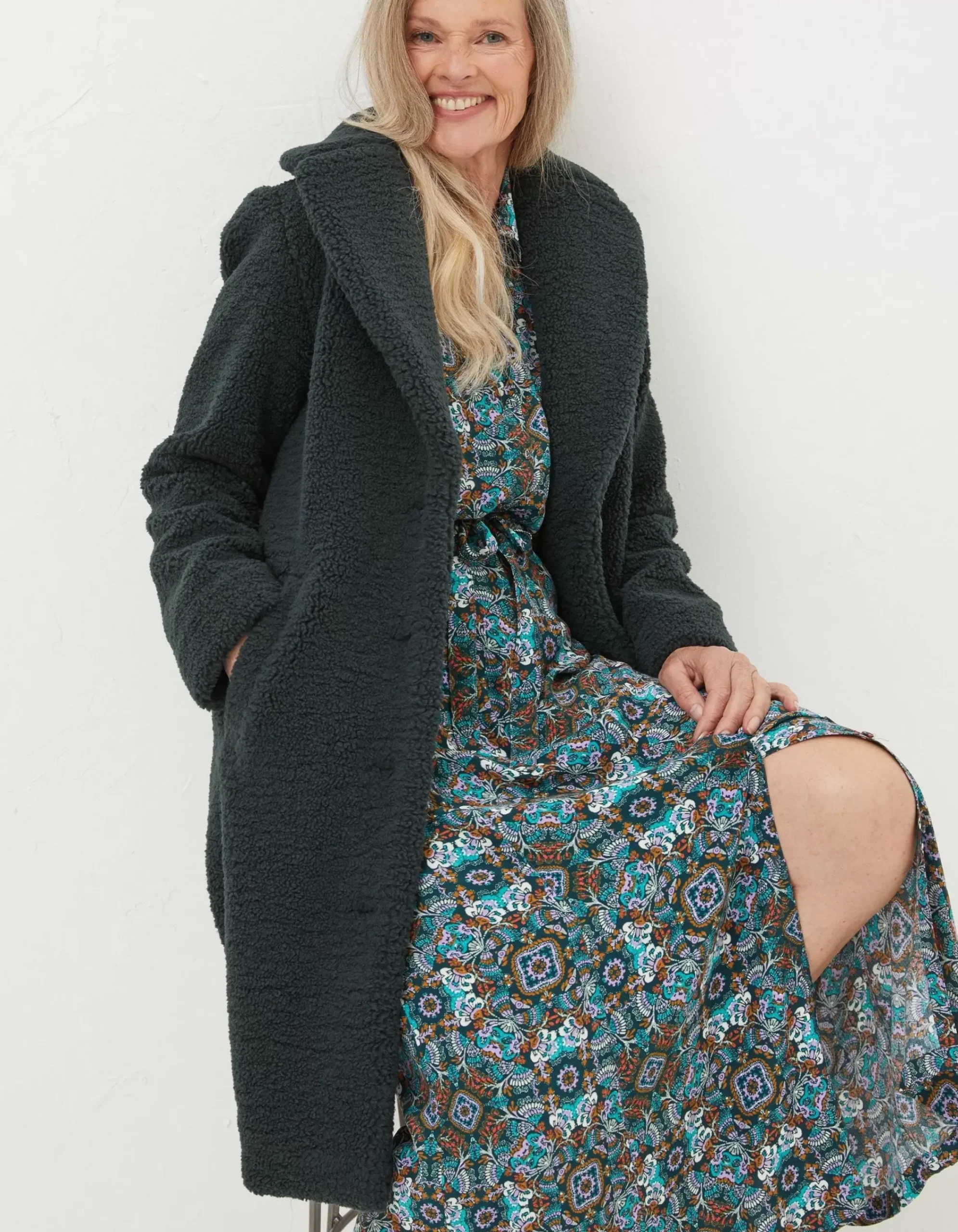 FatFace Mylah Teddy Longline Coat Dark Teal Clearance