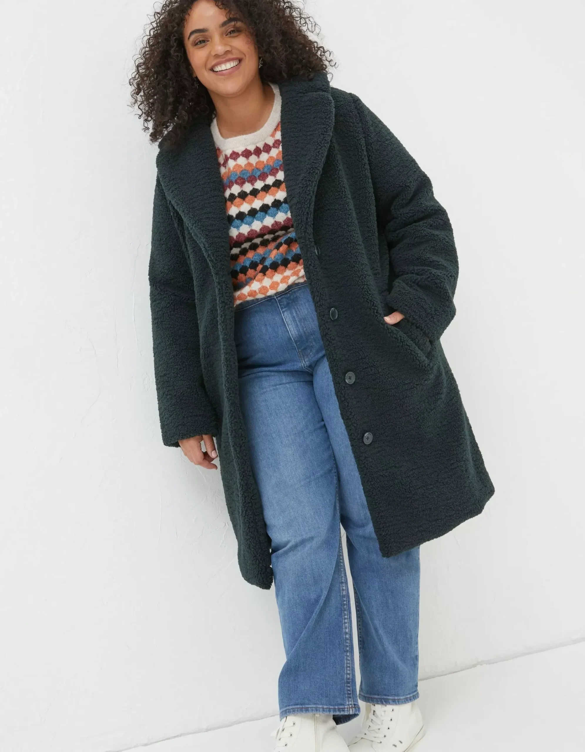 FatFace Mylah Teddy Longline Coat Dark Teal Clearance
