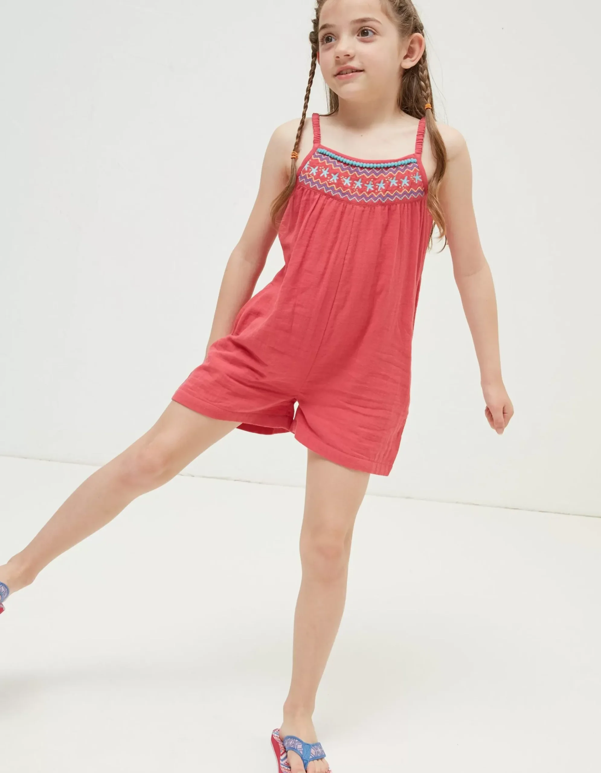 FatFace Nellie Embroidered Playsuit Raspberry Red Clearance