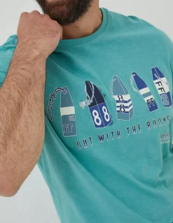 FatFace Out With The Buoys T Shirt Light Teal Hot