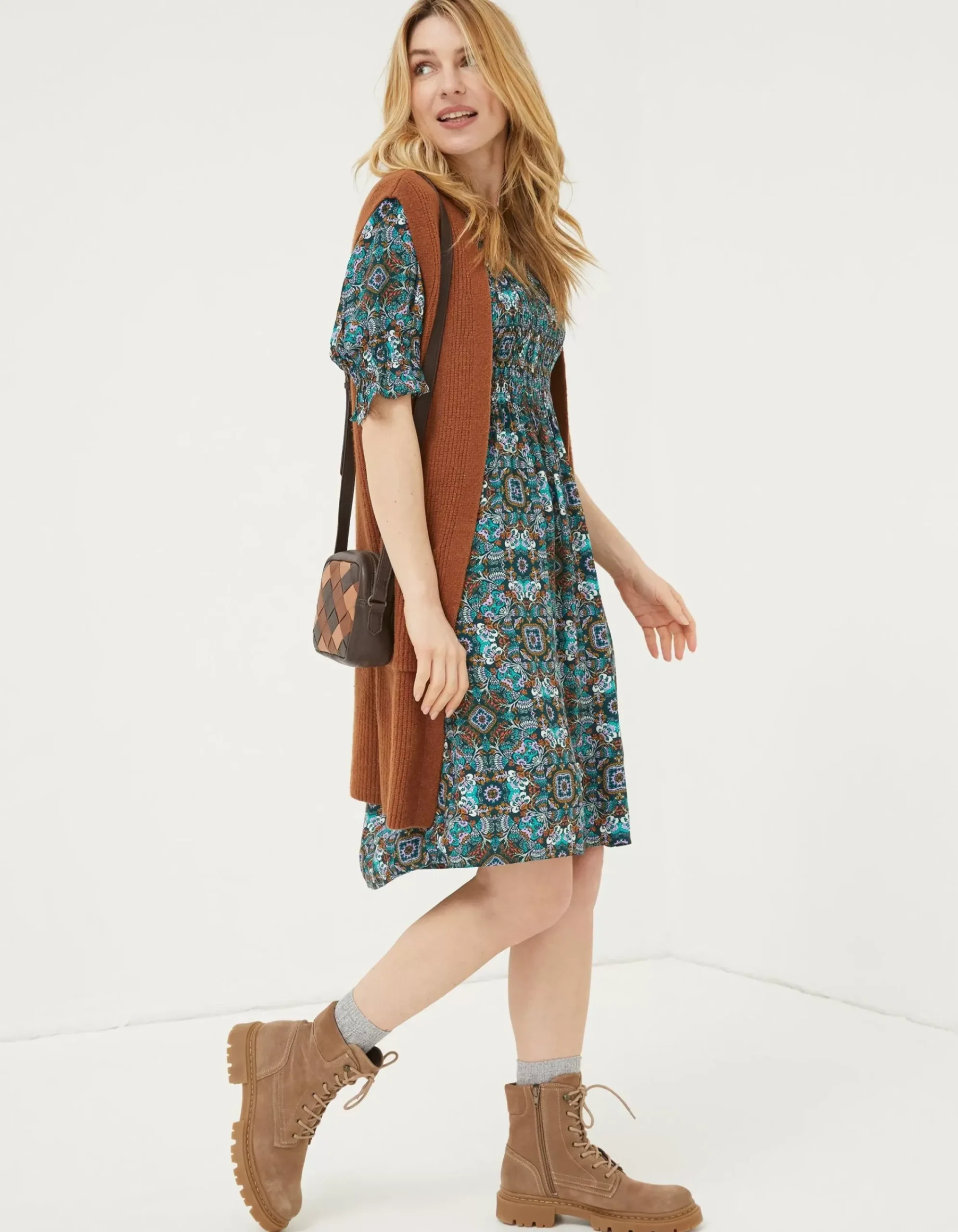 FatFace Pacey Mirrored Floral Dress Teal Green Online