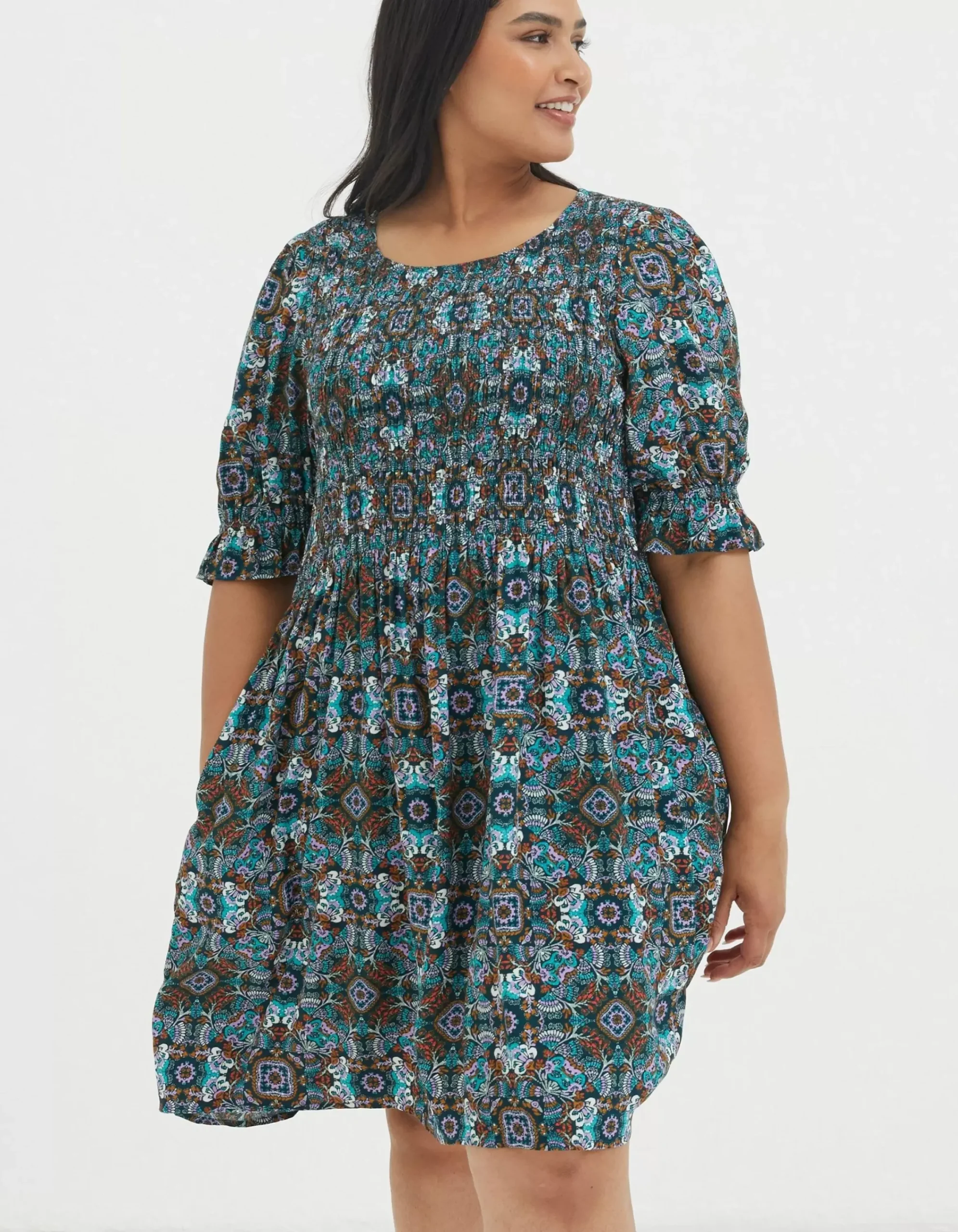 FatFace Pacey Mirrored Floral Dress Teal Green Online