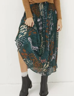 FatFace Paignton Landscape Pleated Midi Skirt Teal Green Clearance
