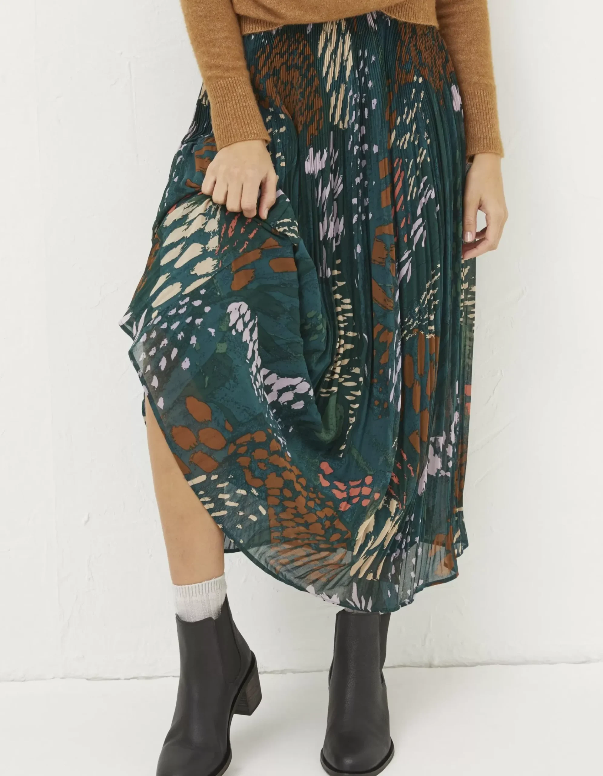 FatFace Paignton Landscape Pleated Midi Skirt Teal Green Clearance