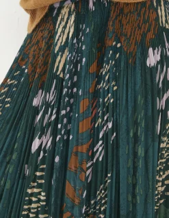 FatFace Paignton Landscape Pleated Midi Skirt Teal Green Clearance