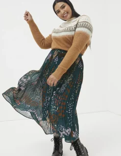 FatFace Paignton Landscape Pleated Midi Skirt Teal Green Clearance