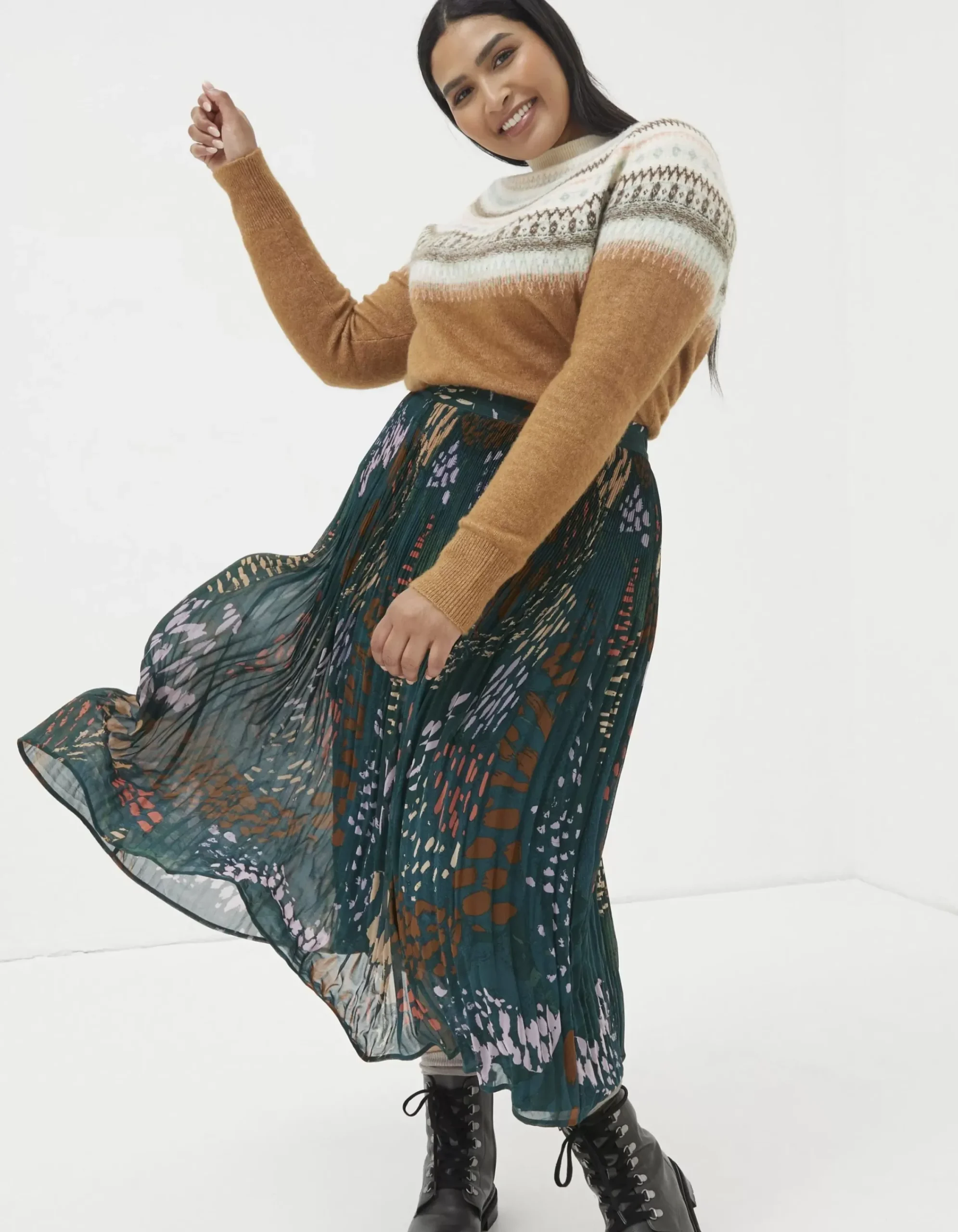 FatFace Paignton Landscape Pleated Midi Skirt Teal Green Clearance