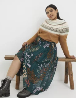 FatFace Paignton Landscape Pleated Midi Skirt Teal Green Clearance