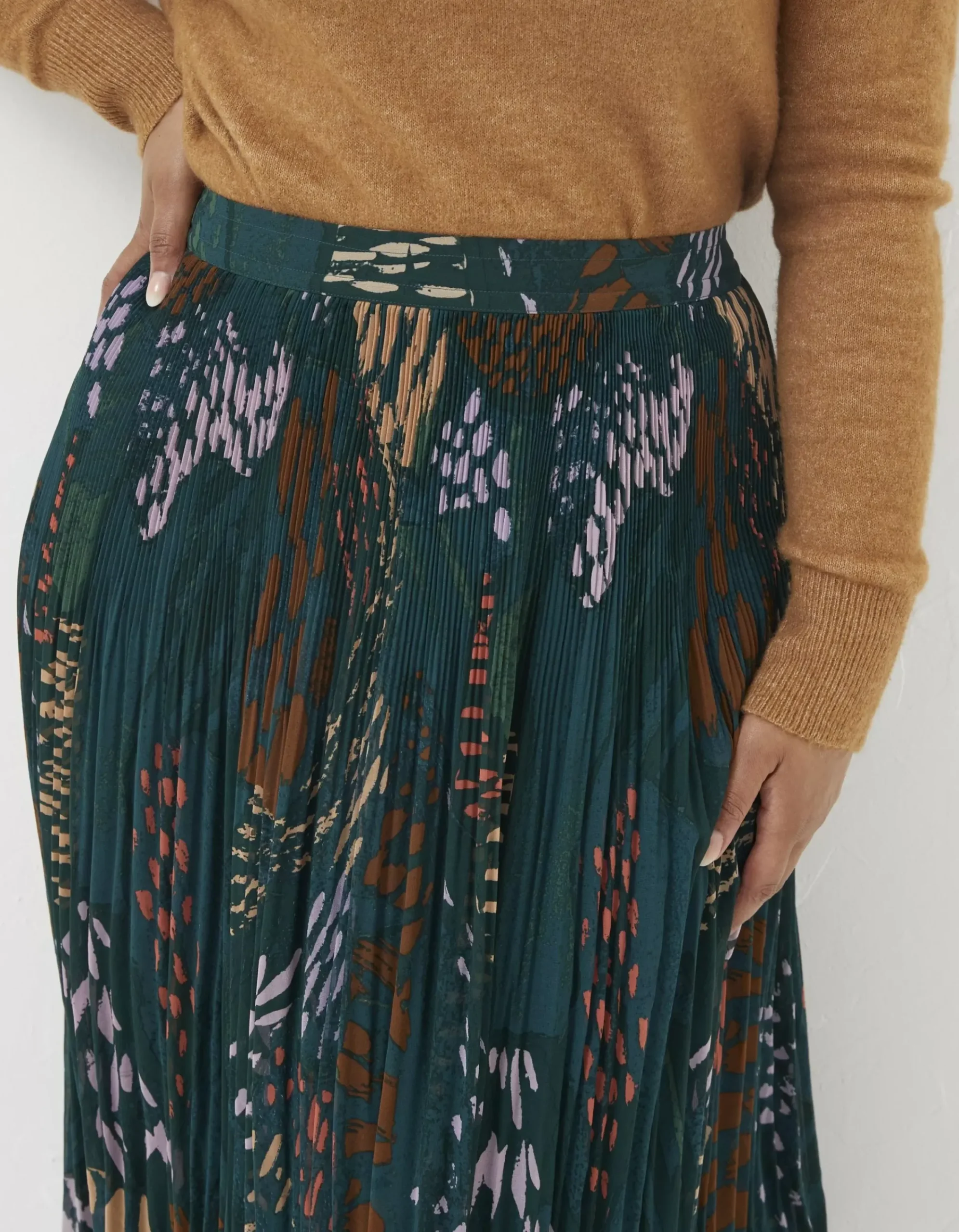 FatFace Paignton Landscape Pleated Midi Skirt Teal Green Clearance