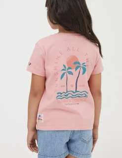 FatFace Palm Tree Mini Me T-Shirt Coral Pink Sale
