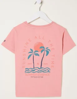 FatFace Palm Tree Mini Me T-Shirt Coral Pink Sale