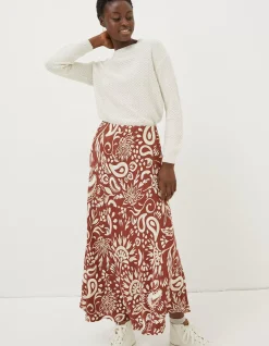 FatFace Pat Watercolour Midi Skirt Brown New