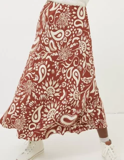 FatFace Pat Watercolour Midi Skirt Brown New