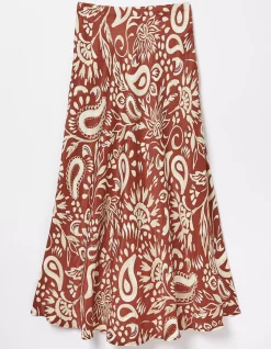 FatFace Pat Watercolour Midi Skirt Brown New
