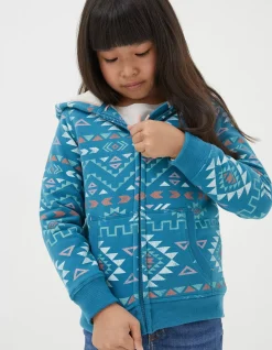 FatFace Pattern Zip Sweat Hoodie Teal Green Hot