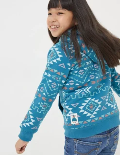 FatFace Pattern Zip Sweat Hoodie Teal Green Hot