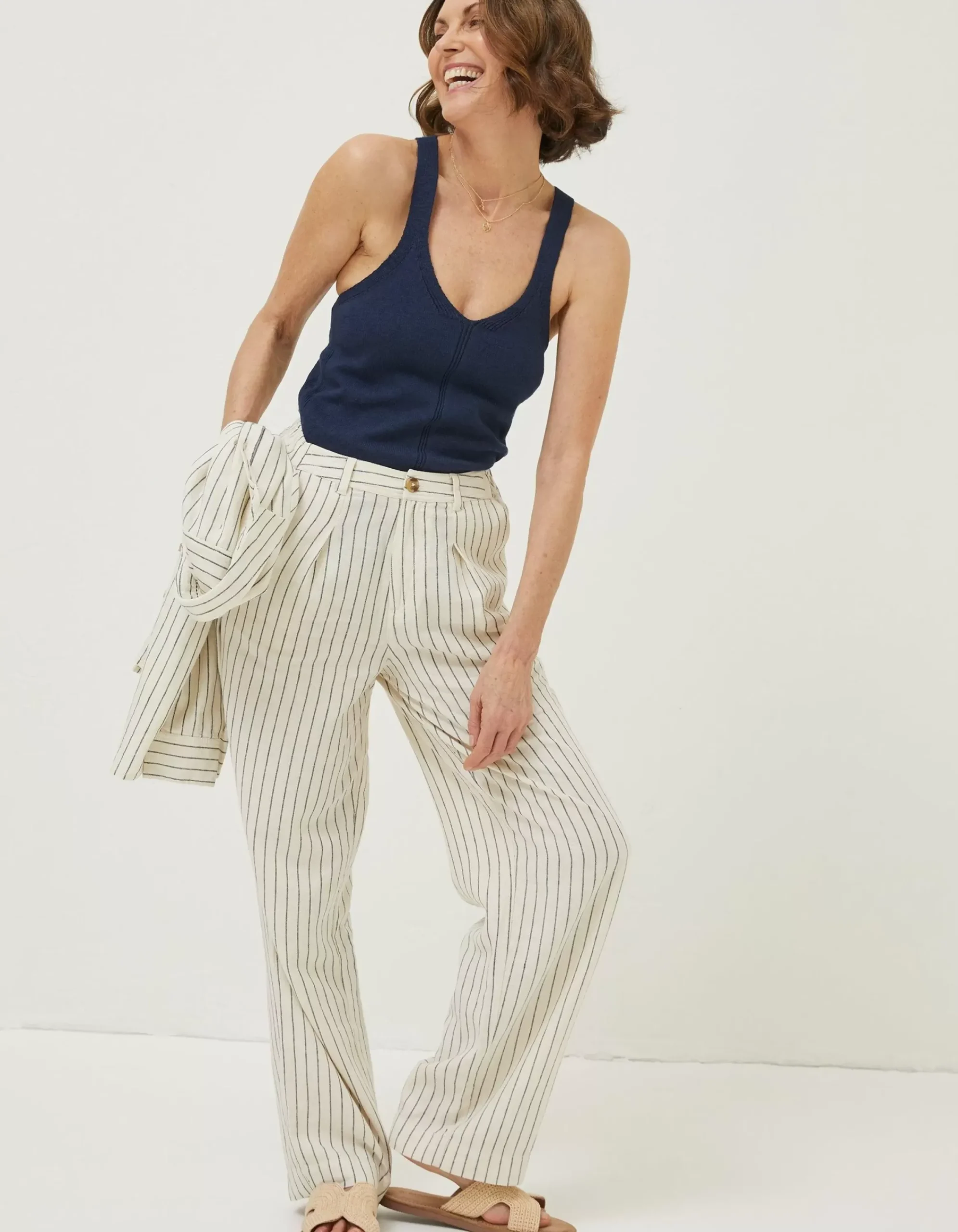 FatFace Pendeen Linen Blend Wide Leg Trousers Cream Discount