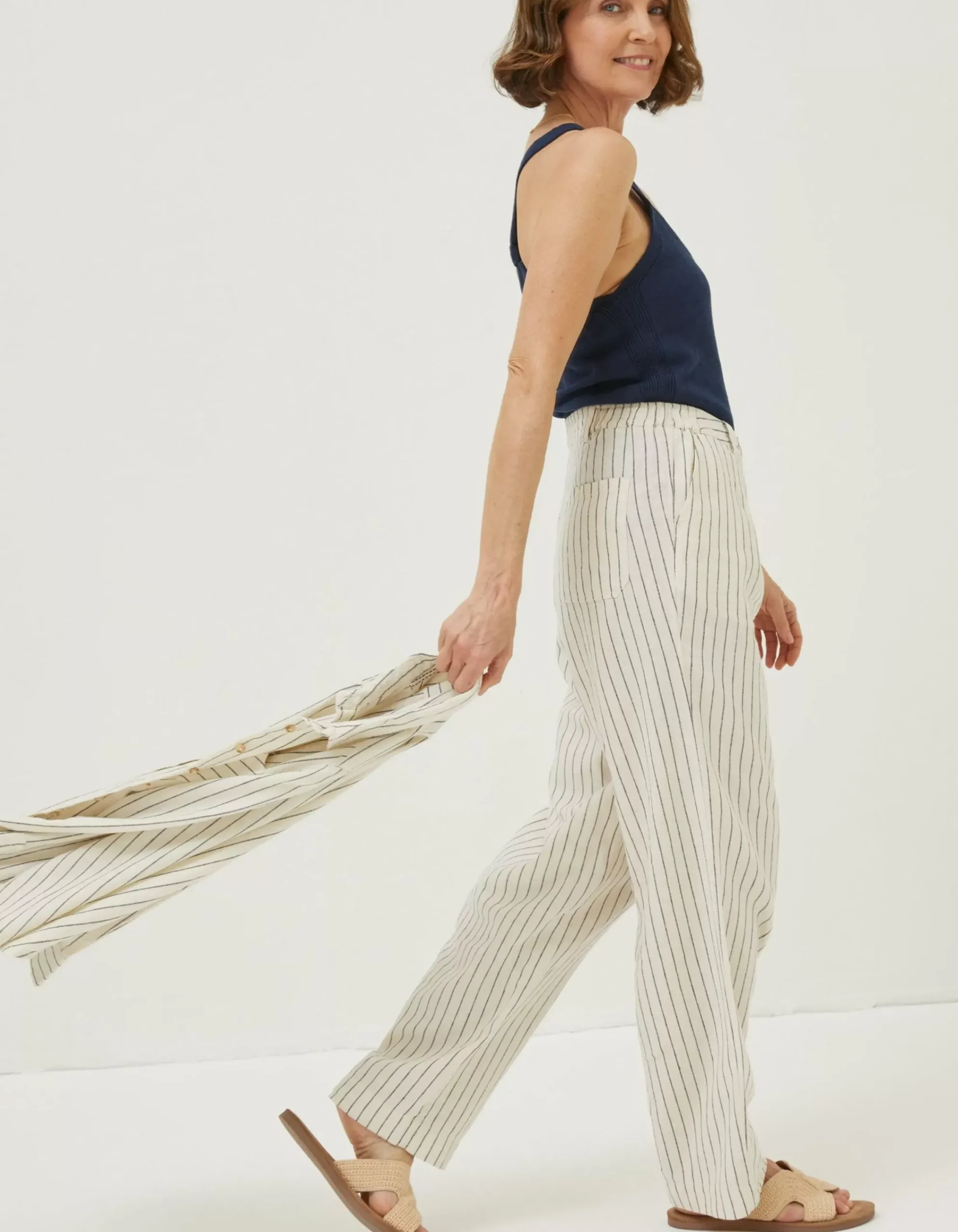 FatFace Pendeen Linen Blend Wide Leg Trousers Cream Discount