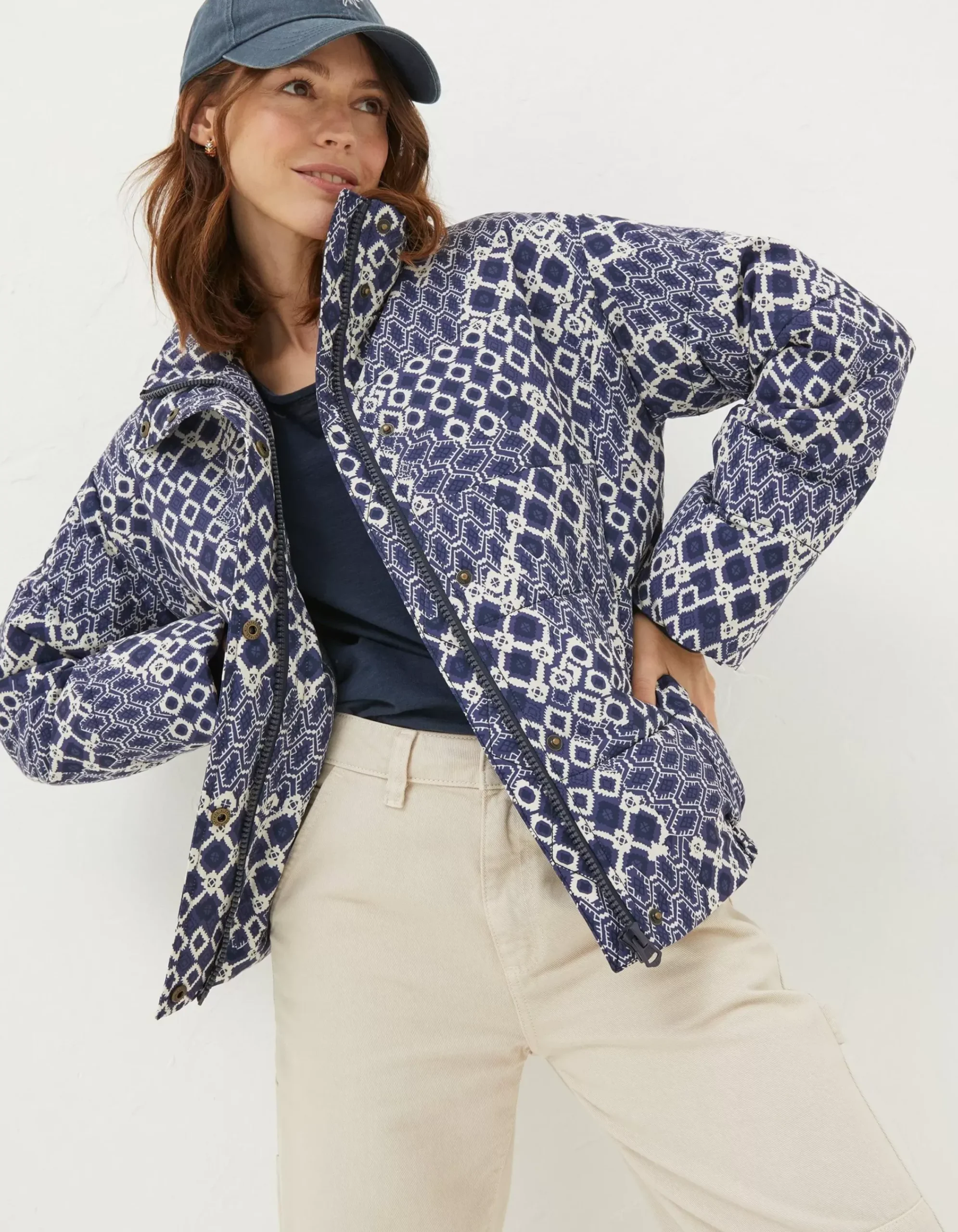 FatFace Peri Patchwork Puffer Jacket Navy Discount