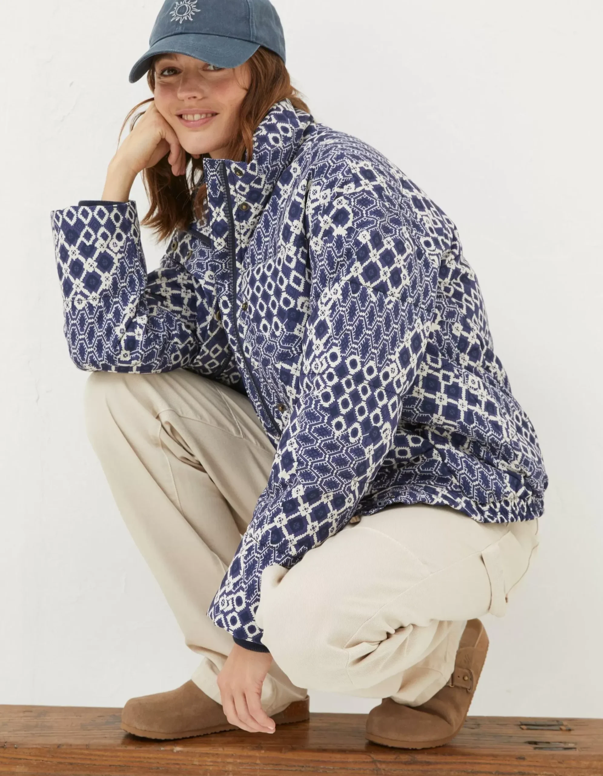 FatFace Peri Patchwork Puffer Jacket Navy Discount