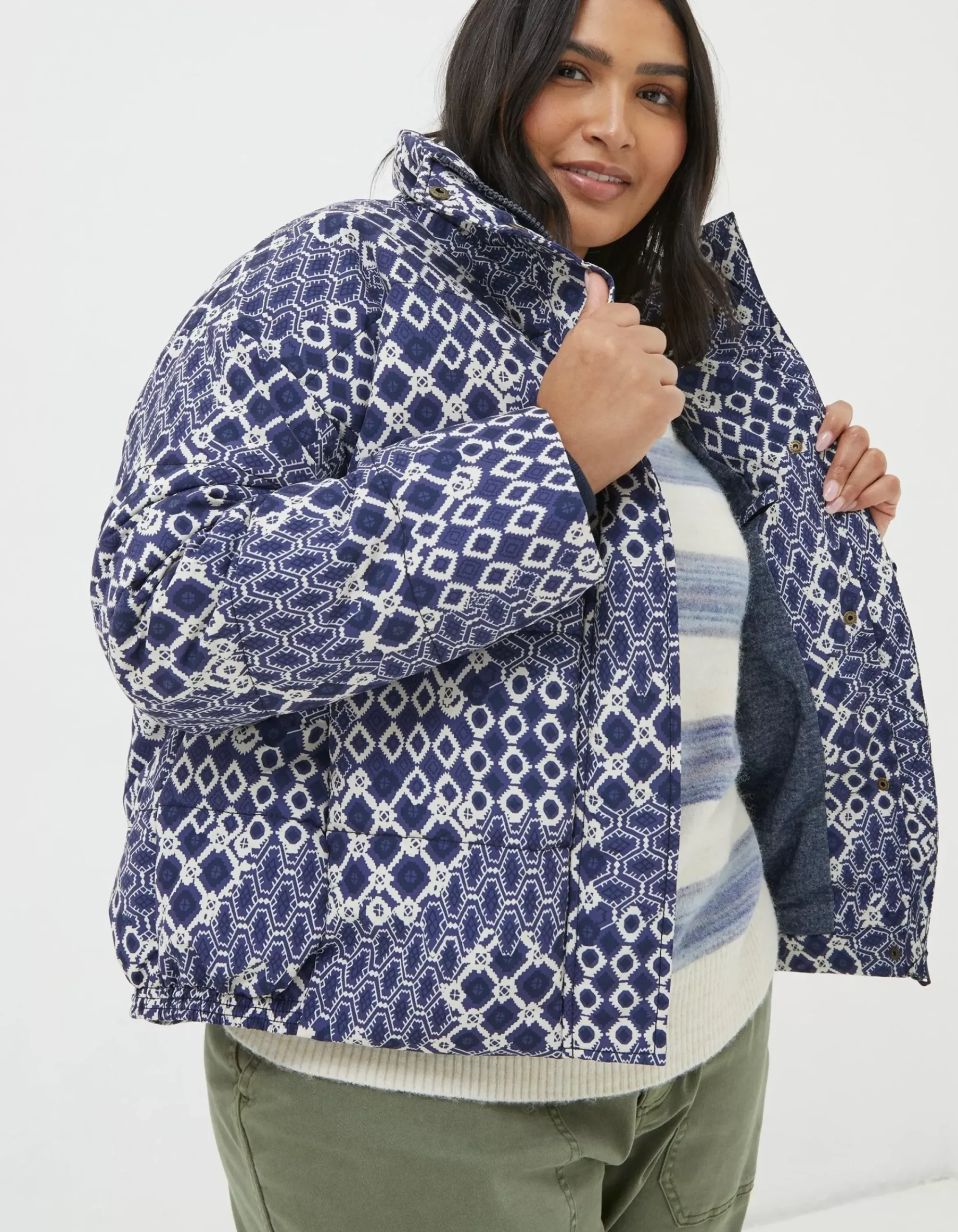 FatFace Peri Patchwork Puffer Jacket Navy Discount