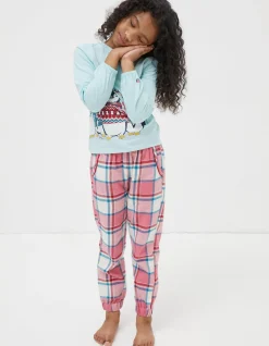 FatFace Pippa Penguin Check Pyjama Set Multi Clearance