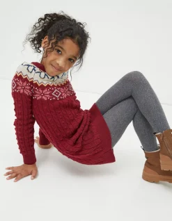 FatFace Pippa Penguin Knitted Jumper Dress Dark Red Sale